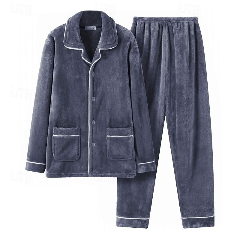 Pánské Noční prádlo Sady nočního prádla Pyžamový top a kalhoty 1 sada Bez vzoru Módní stylové Klasické Domů Denní Postel Polyester Zahřívací Pohodlné Yumuşak Klopa Dlouhý rukáv Košile Kalhoty 2026 - $38.99 –P2