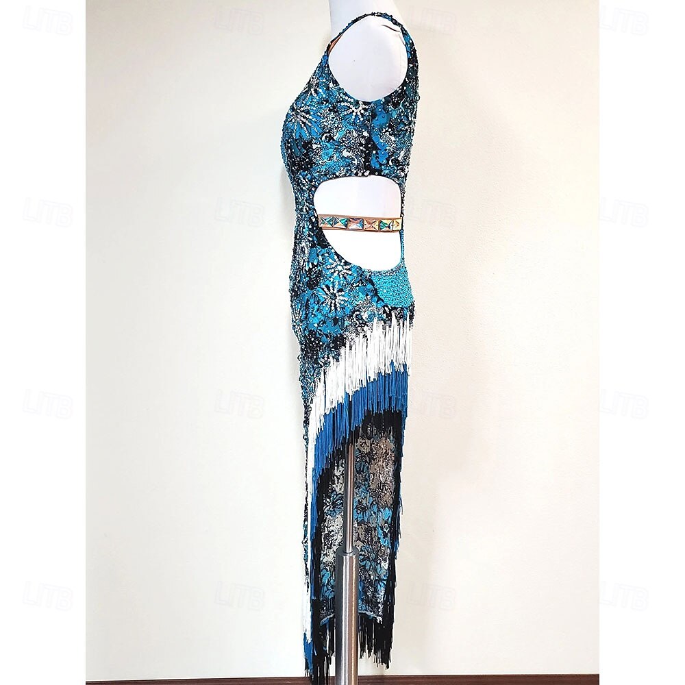 Women's Latin Dance Dress Blue Rhinestone Cutout Bodycon Fringe Costume for Cha Cha Samba Paso Doble Performance Competition 2026 - $457.09 –P8