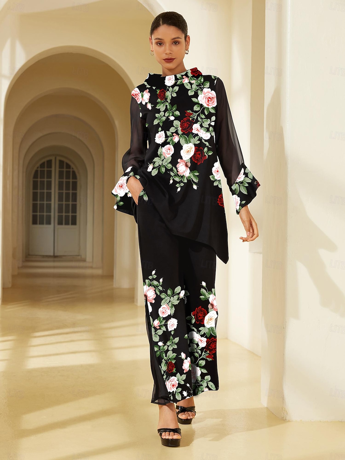 2025年 レディースブラウス ブラック 花柄 ストレッチ シフォンスリーブ バトーネック カジュアル 快適 春 夏 秋 バケーション  コレクション – $72.99 –P4