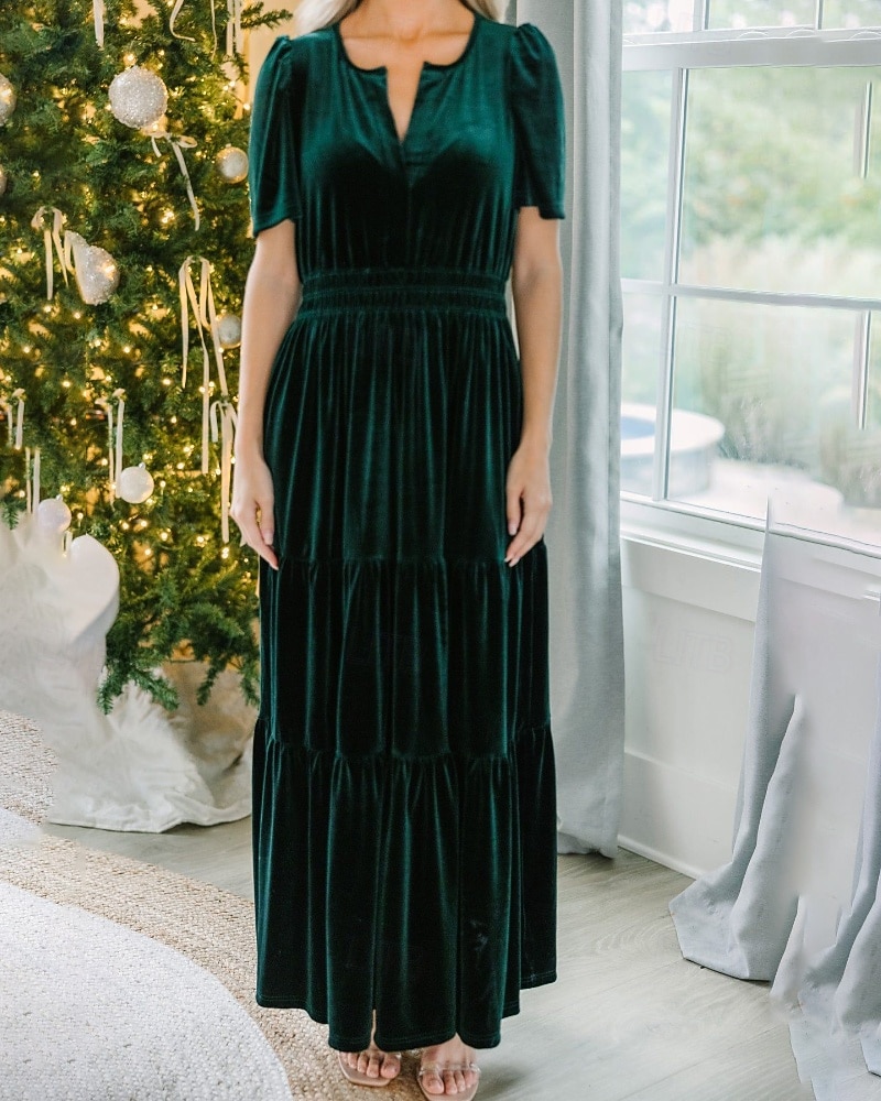 Női Midi ruha Karácsonyi ruha Bársony ruha Party ruha Koktélruha Elegáns Modern Parti Születésnap Estély Normál Sima Rövid ujjú V-alakú Bor Katonai zöld Sötétkék Sötétzöld Tavasz Ősz 2025 - $41.99 –P6