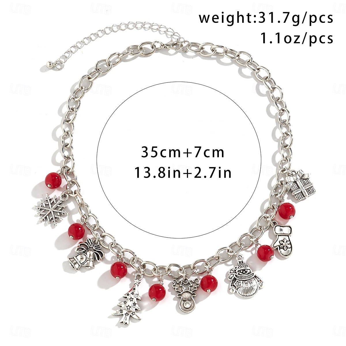 Conjunto de collar y pulsera navideños para mujer: cadena plateada con cuentas rojas, colgantes de copo de nieve, árbol y regalo. Joyería festiva para fiestas y regalos. 2026 - $14.99 –P2