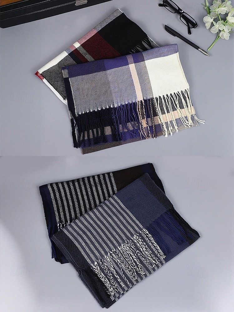 Pánská vánoční kostkovaná šála – stylová polyesterová šála s třásněmi – dostupná v několika barvách – teplý sváteční doplněk pro muže 2026 - $11.99 –P8