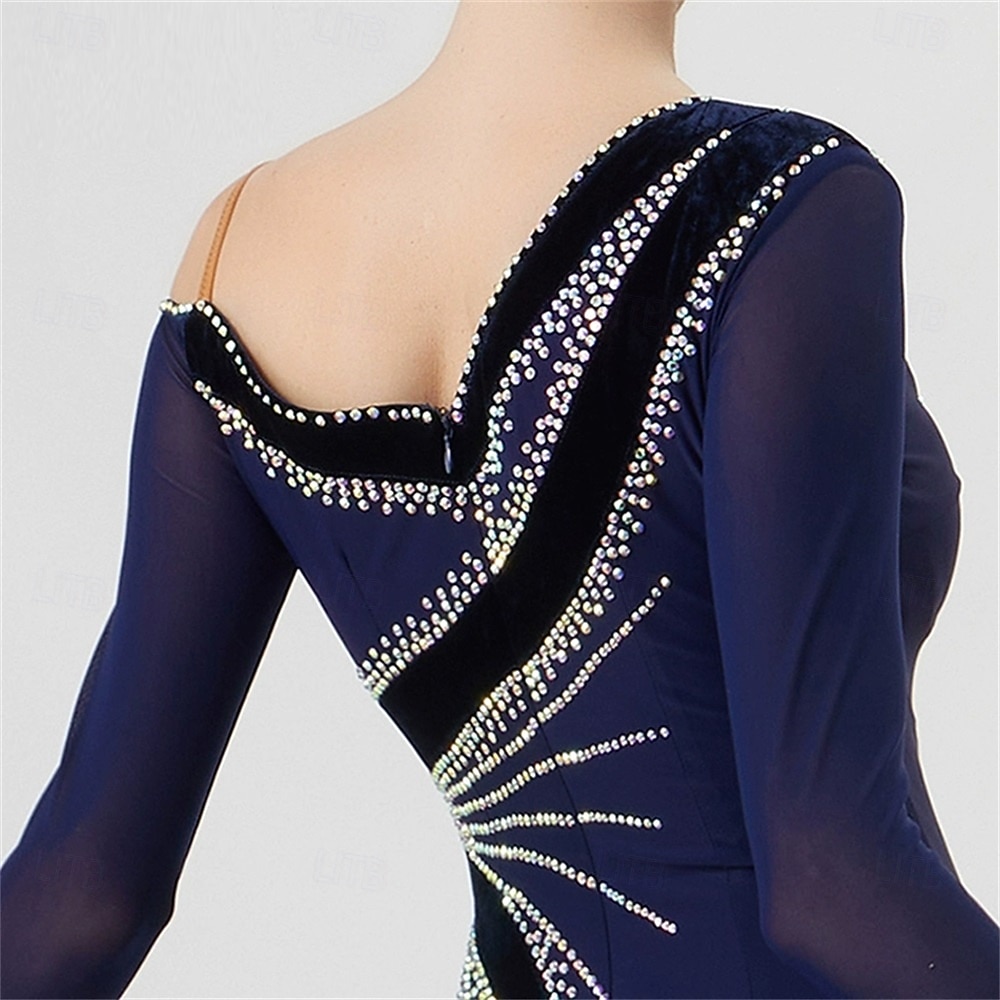 abito da ballo da sala da donna, elegante abito da competizione per tango, valzer, foxtrot, con spalline asimmetriche e strass – blu navy del 2026 a $309.19 –P6
