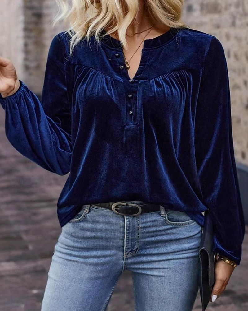 Dam Sammet Elegant Blus Knappar Ensfärgat Slät Elegant Stylish Ledigt Långärmad V-hals Vanliga toppar Dagligen Helgdag Utekväll Blå Brun Vår Höst 2026 - $32.99 –P3