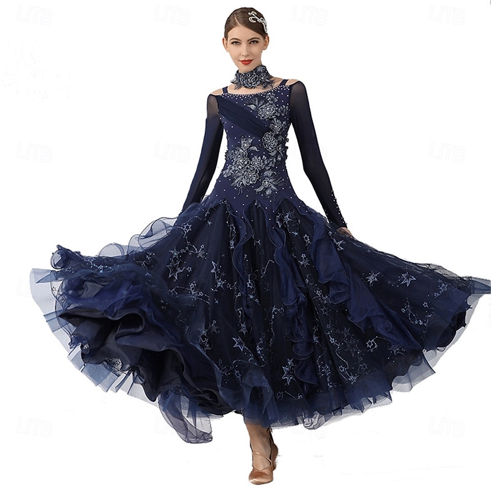 Dámské šaty na společenský tanec s kamínky, hvězdnou výšivkou, vrstvená organza, elegantní, na valčík, tango, foxtrot – tmavě modré 2026 - $404.49 –P5