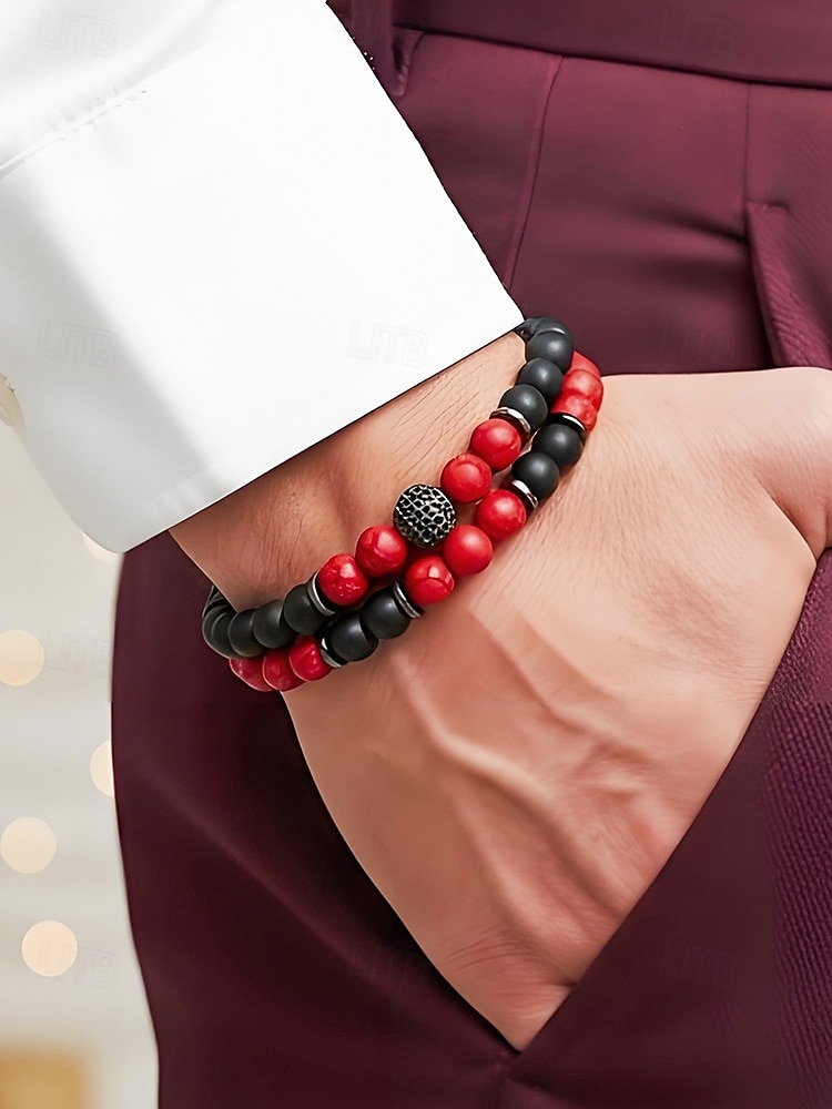 Men's Christmas Gift Natural Stone Beaded Bracelet Set, Multi-Color, Unique Matte & Polished Stones, Stylish Accessory for Holiday Parties, Casual Wear and Festive Occasions 2026 - $11.99 –P1