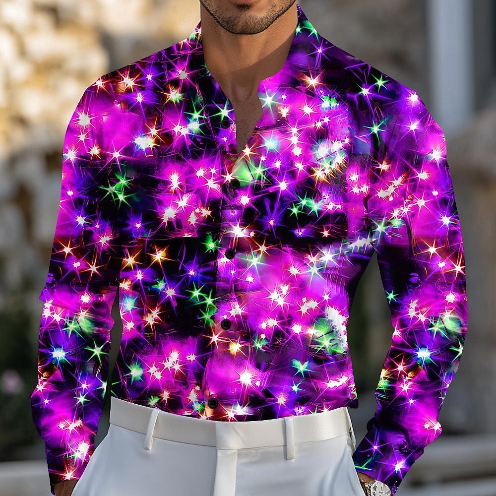 Weihnachten Herren Funkelnder Glitzer Weihnachtslicht Hemd Satinhemd Kleidhemd Langarm Modisch lässig Outdoor Party Ferien Frühling Herbst Umlegekragen 3D-Druck Hemden mit Knopfleiste Rote Blau 2026 - $12.49 –P3