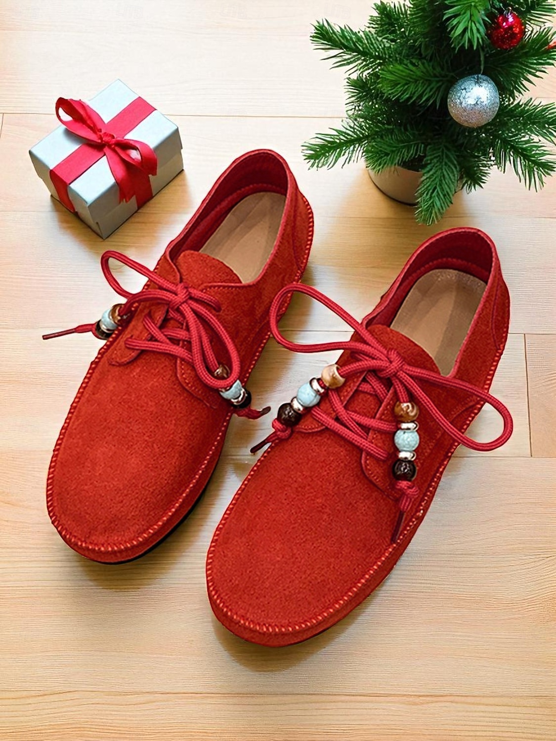 Rote Mokassin-Loafer für Damen mit Perlenschnürsenkeln – gemütliche Urlaubs-Slipper für Damen – ideal für Weihnachten, Winterkomfort und entspannte Tage 2026 - $24.99 –P2
