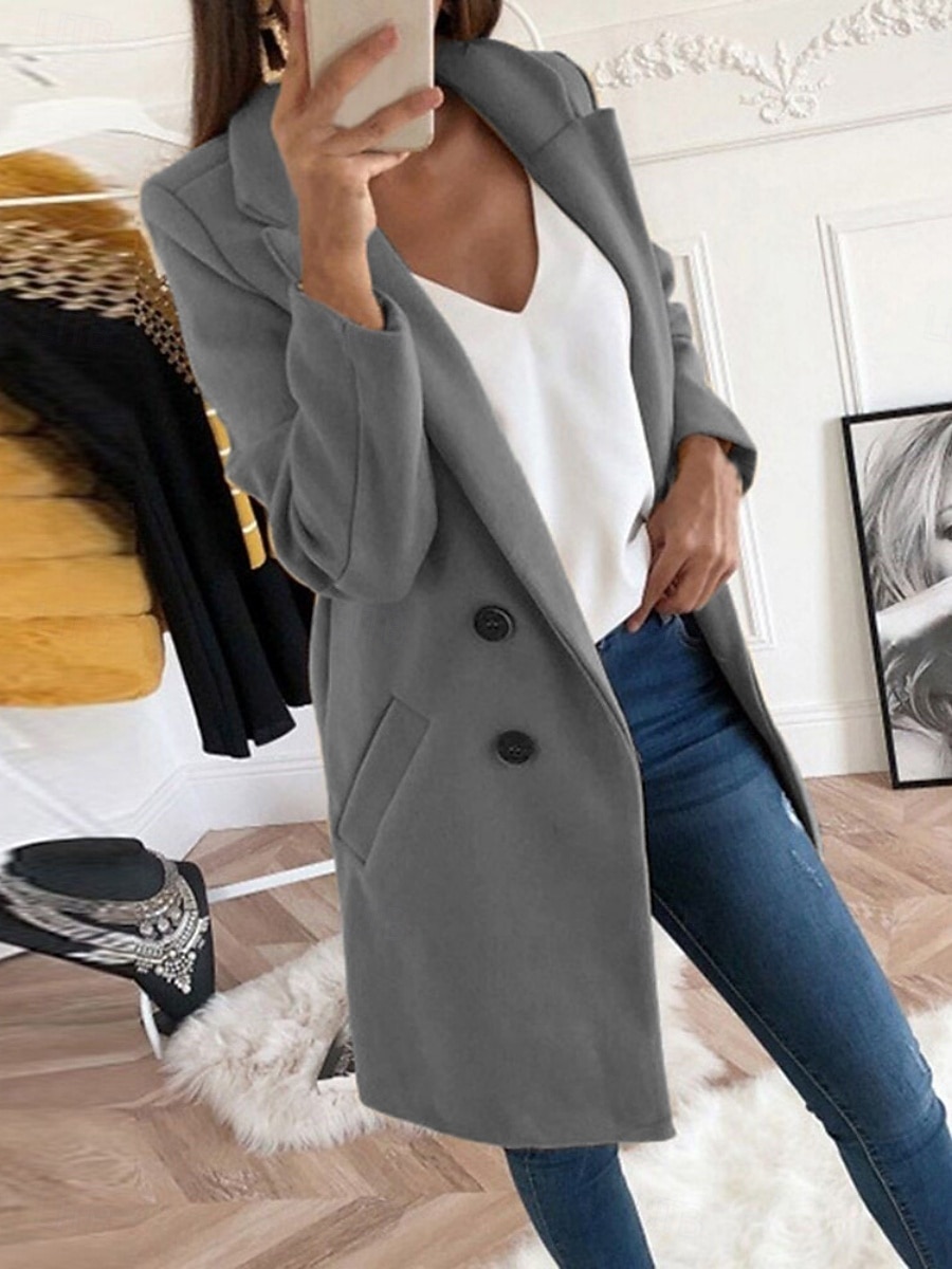 Dames Winterjas Comfortabel Ademend Zak Knop Casual Effen Vakantie Straat Casual Alledaagse kleding Enkele rij knopen Lang Strijkijzer Normale pasvorm Lange mouw bovenkleding Zwart Geel Rood Lente 2026 - $28.99 –P3