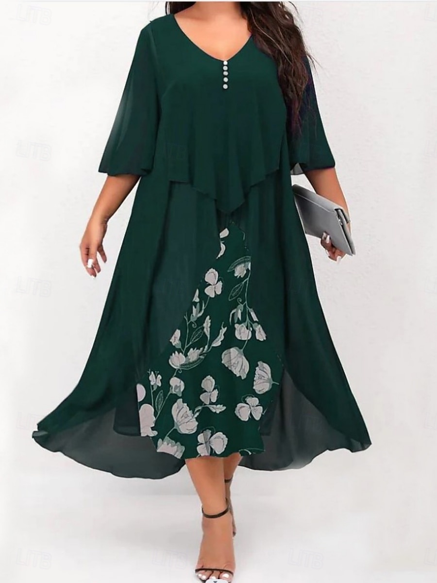 Pentru femei Mărime Plus Rochie casual Floral În V Lungime Manșon 3/4 Primăvară Toamnă Elegant Modă Modern Casual Rochii Midi Zilnic Concediu Rochie 2026 - $37.99 –P5