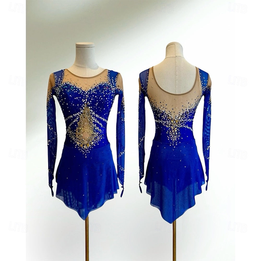 Rochie de Patinaj Artistic Pentru femei Fete Πατινάζ στο πάγο Rochii Bleumarin Peteci Mâneci cu Gaura Spandex Plasă Înaltă Elasticitate Antrenament Competiție Ținută Patinaj Clasic Cristale / Strasuri 2026 - $305.19 –P1