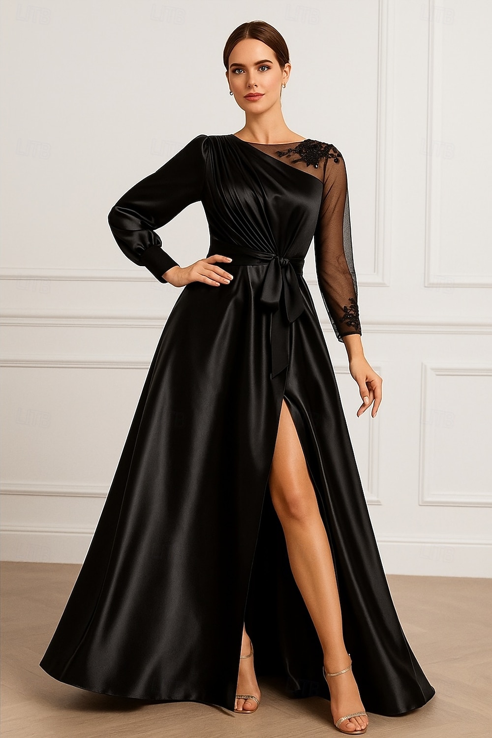 А-силуэт Вечернее платье Элегантный стиль Торжественное платье Официальные Свадьба В пол Длинный рукав Иллюзионный декор Карман Сатин с Рюши 2025 2025 - $134.99 –P1