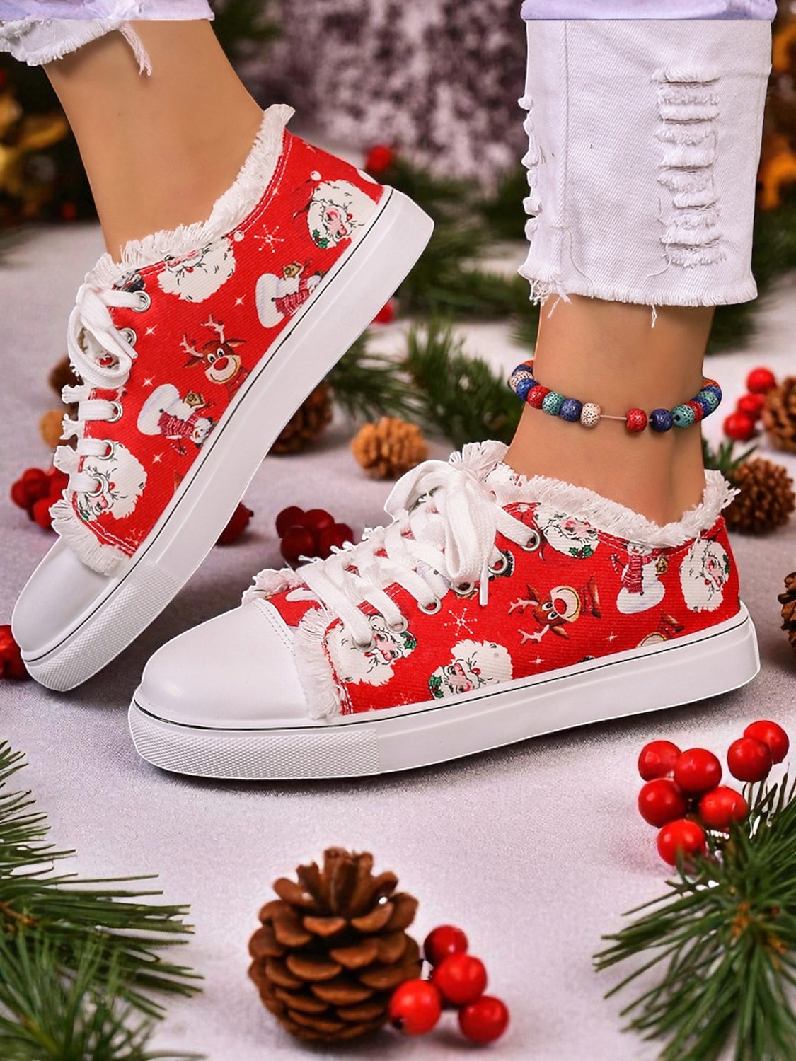 Teniși de damă cu imprimeu de Moș Crăciun și căptușeală plușată - stil confortabil de sărbătoare, perfecți pentru ținute casual de Crăciun și sărbători festive 2025 - $32.99 –P2