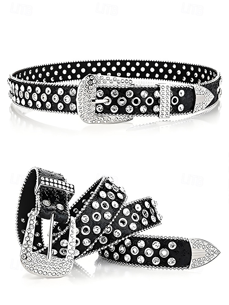 Dámský vánoční třpytivý pásek – umělá kůže s křišťálovými cvočky a stříbrnou přezkou, slavnostní červený design, ideální pro sváteční outfity 2026 - $18.99 –P7