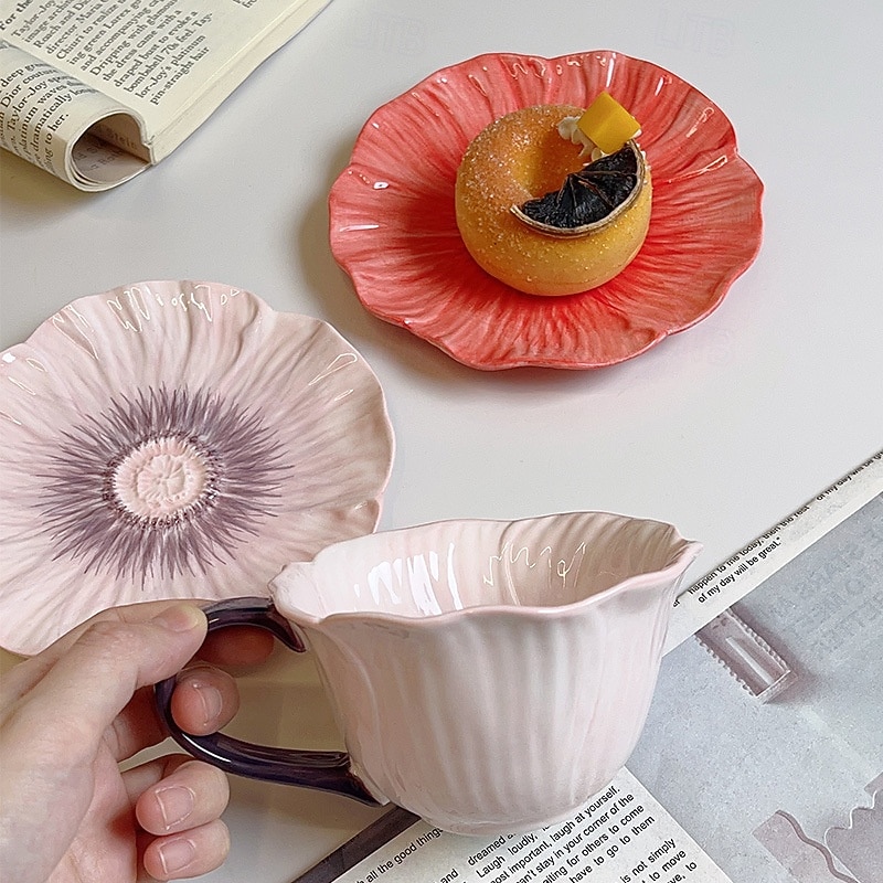 ceașcă de cafea din ceramică cu motive florale &farfurie, design creativ cu petale vintage franceze, pictate manual, sub glazură, set de ceai de după-amiază, cadou elegant pentru prieteni &familie 2026 - $21.99 –P5