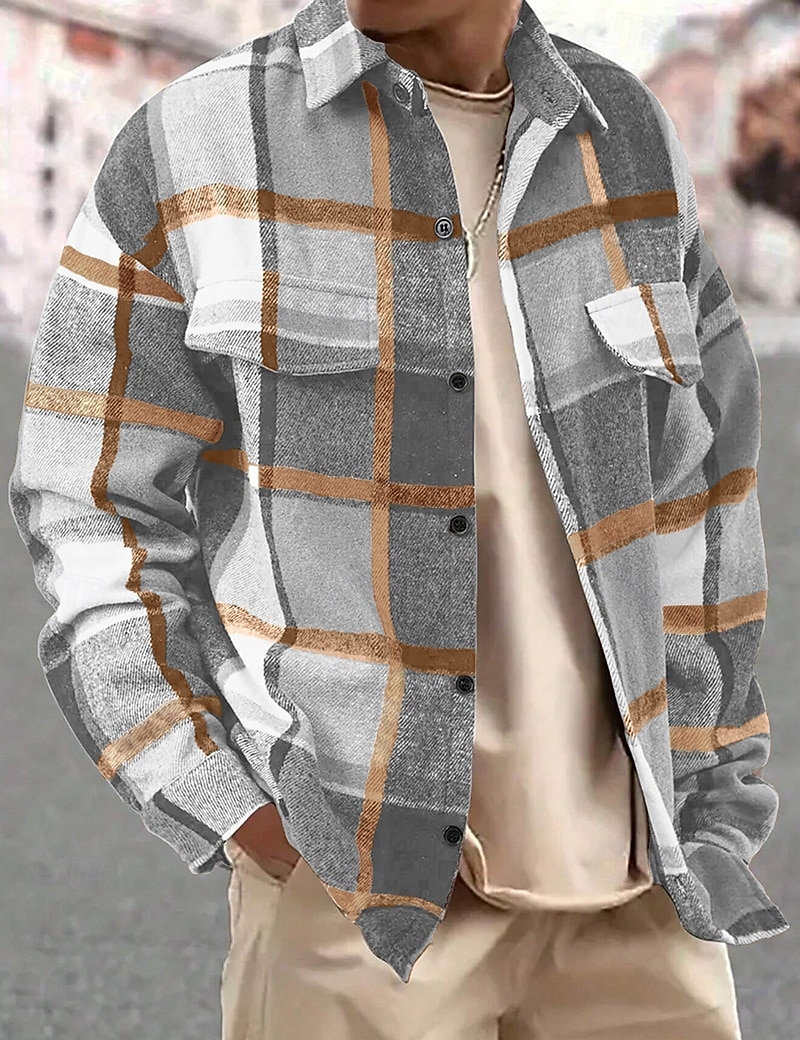 Férfi Ing Flannel ing Gombos póló Overshirt Sárga Arcpír rózsaszín Narancssárga Világos szürke Sötétszürke Hosszú ujj Kockás Térfogatcsökkenés Hétköznapi Napi Ruházat Meleg Divat 2026 - $26.99 –P7