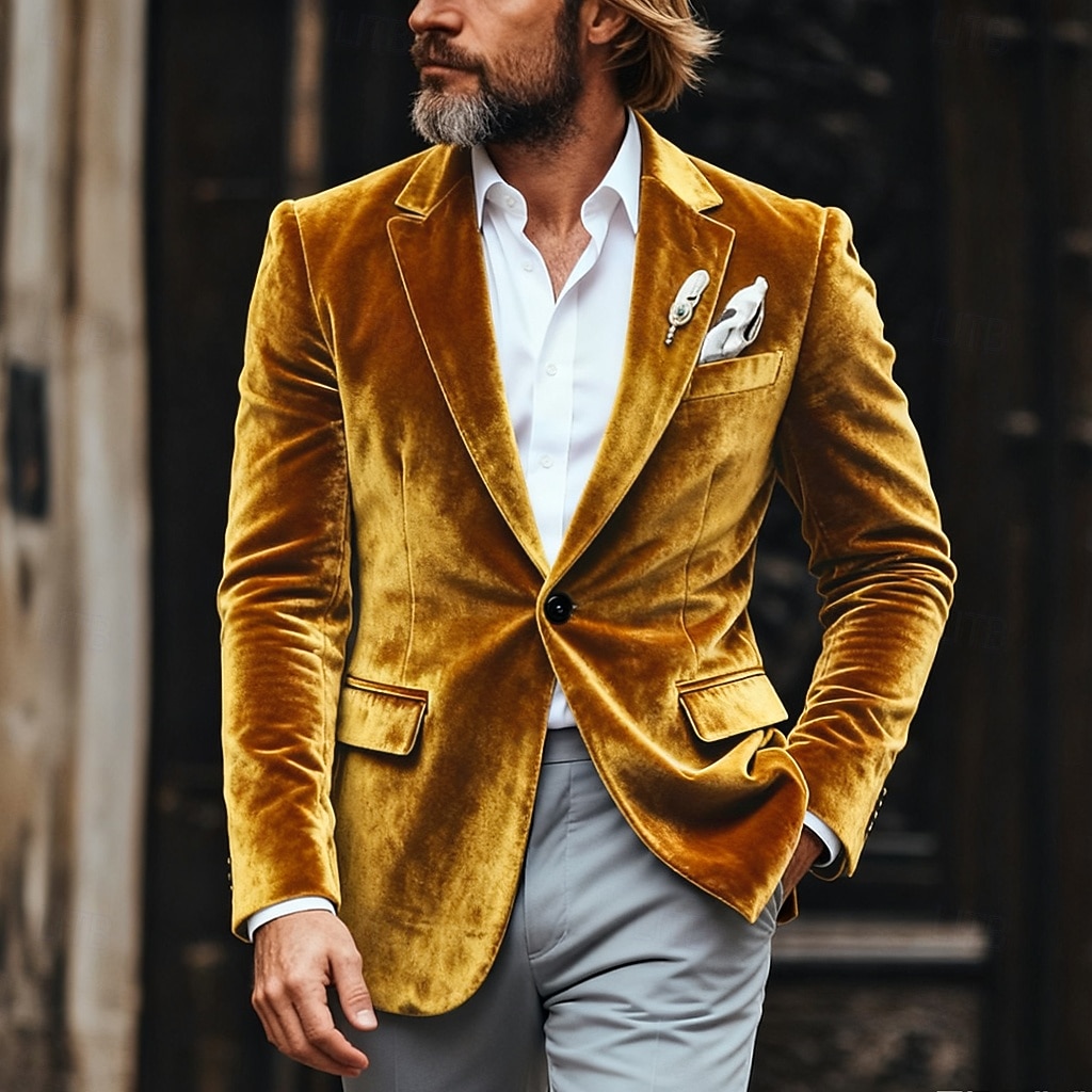 Hommes Manteau d'Hiver Blazers en velours Formel Tenue de soirée Événement / Fête Classique Automne & Hiver Velours Couleur Unie Droit 1 bouton veste Rouge 1 Jaune Bleu Roi Vert foncé de 2025 ? $74.99 –P1
