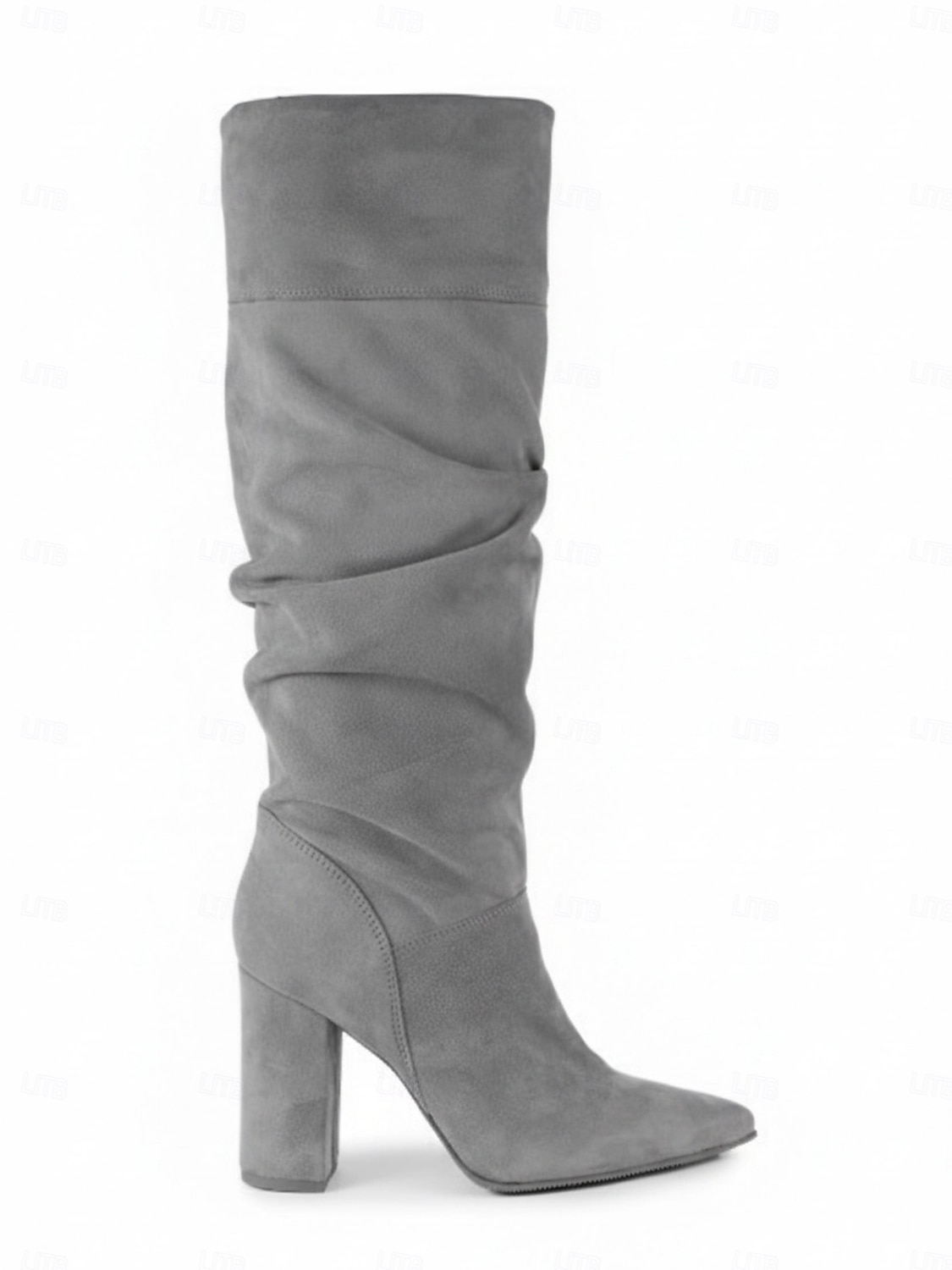 női szürke velúr bő szárú csizma hegyes orrú és tömbsarkú cipővel - elegáns őszi és téli lábbelik hétköznapokra és elegáns alkalmakra 2026 - $59.99 –P3