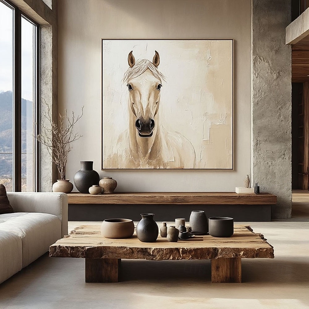 handgemaltes abstraktes Pferdebild, großes abstraktes Tierbild, beige Wandkunst, moderne abstrakte Kunst, große Leinwandkunst, Acrylmalerei 2025 - $60.99 –P3