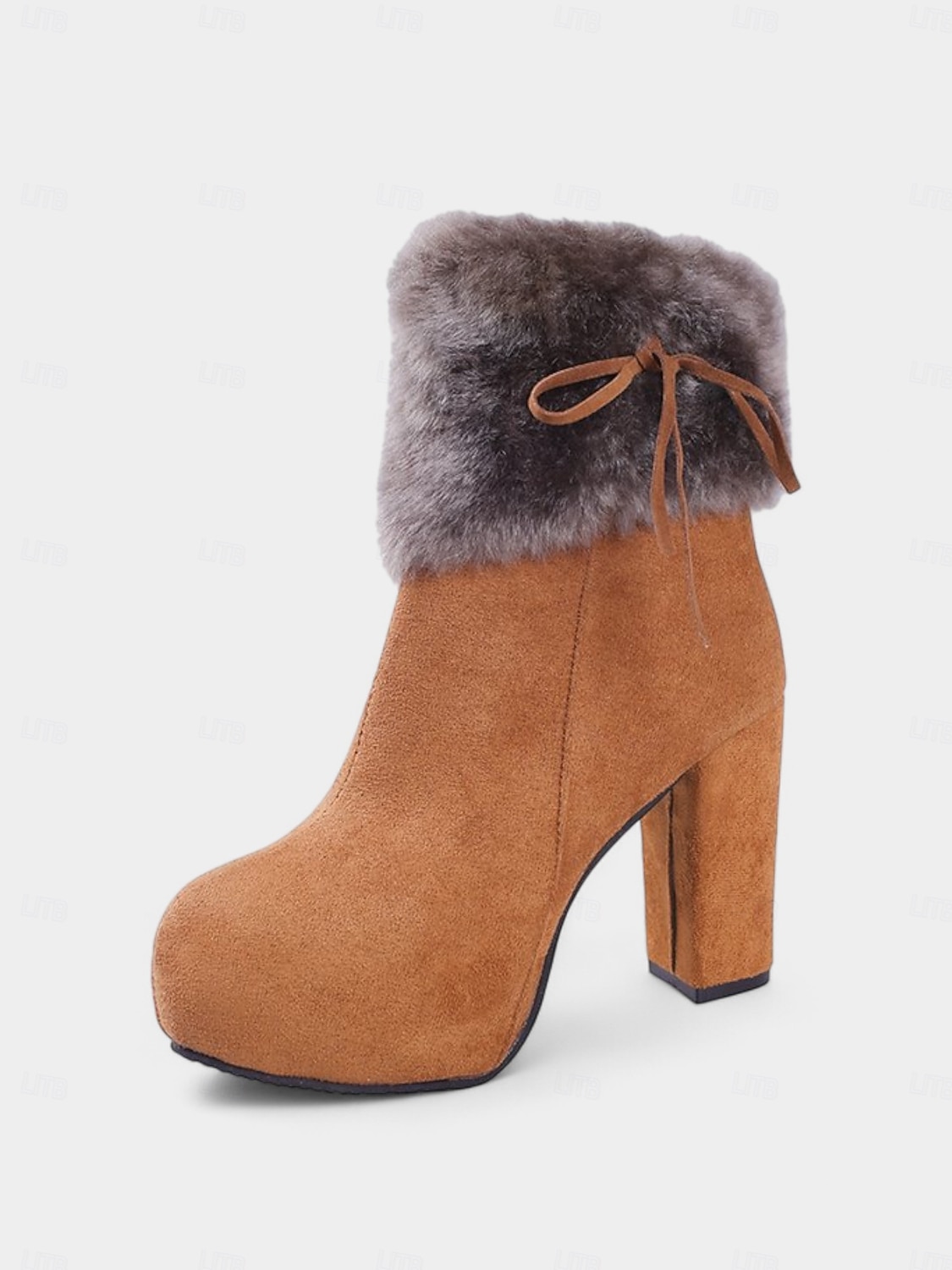 Ghete de damă cu platformă, din blană artificială, din piele întoarsă de culoare cămilă, cu detalii de legături și toc gros - ghete de iarnă călduroase și elegante, pentru purtare zilnică și de sărbători 2026 - $46.99 –P3