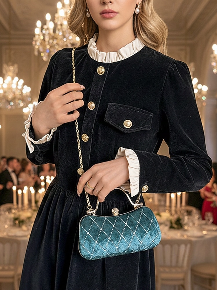 Damska aksamitna pikowana wieczorowa torebka z diamentowymi akcentami – elegancka torebka na ramię na świąteczne przyjęcia, spotkania i specjalne okazje 2026 - $19.99 –P5