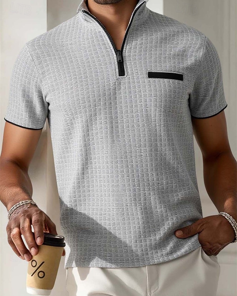 Per uomo Polo Polo con zip a un quarto Abbigliamento quotidiano Data Zip a un quarto Manica Corta Moda Essenziale Semplice Jacquard Cerniera Estate Vestibilità regolare Nero Bianco Blu marino del 2026 a $21.99 –P2