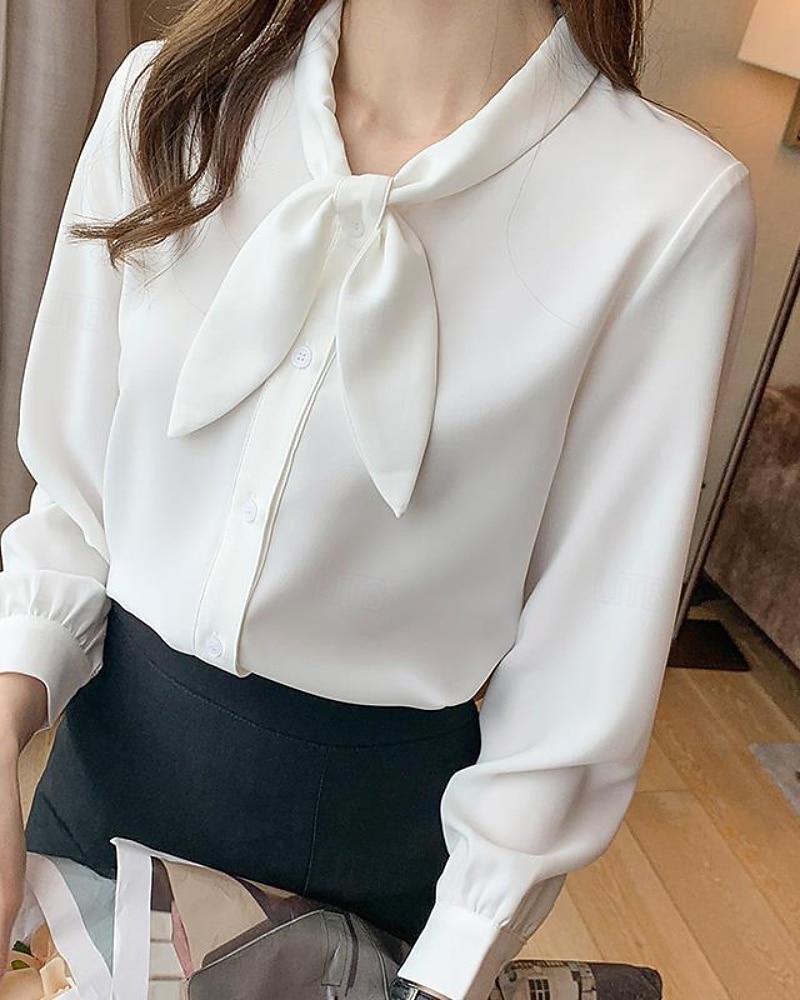 Damen Hemd Elegant Satin-Top Bluse Schleife Einfach Stilvoll Langarm Rundhalsausschnitt Normale Oberteile Ferien Ausgehen Blau Weiß Frühling Herbst 2026 - AU $50.19 –P1