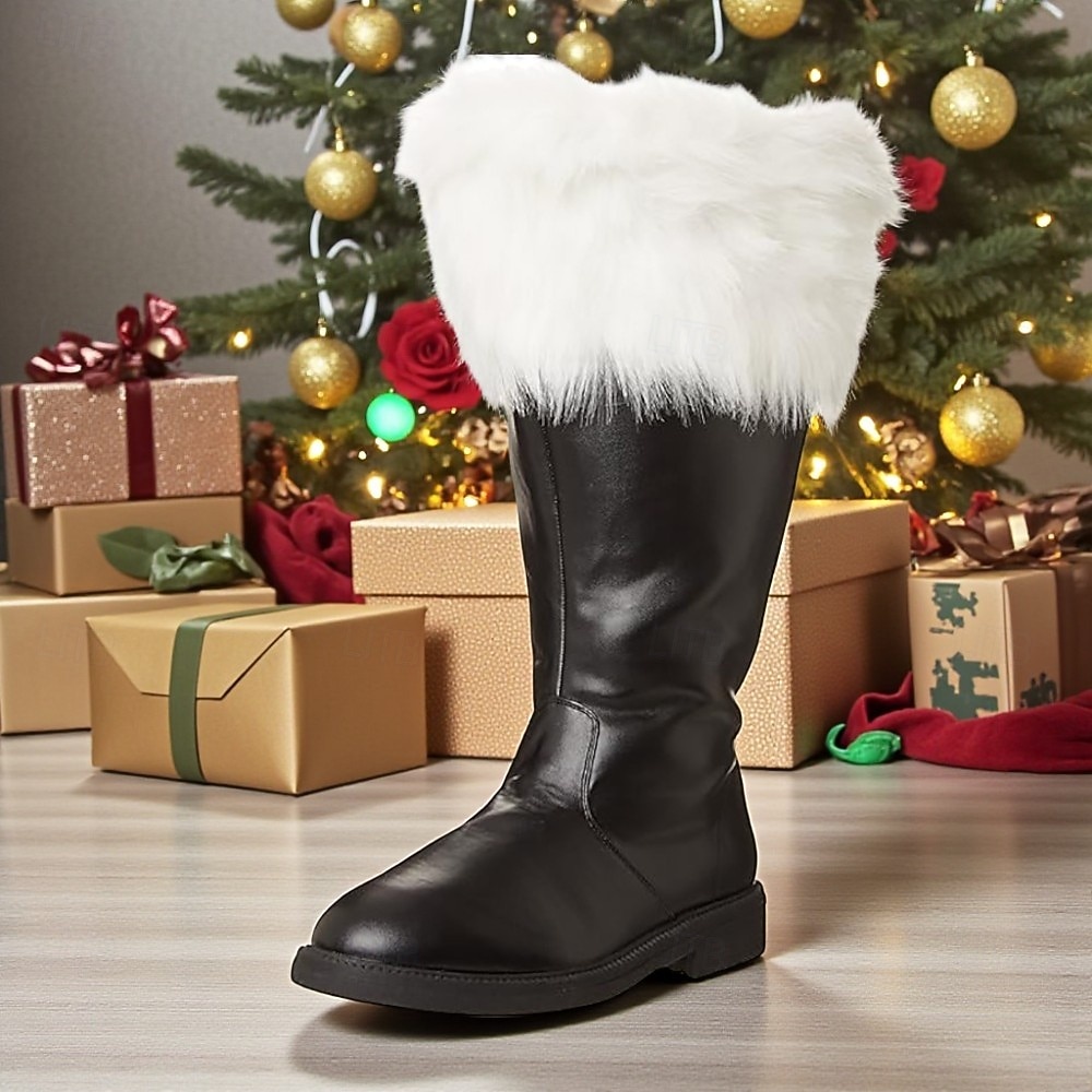 Herrestøvler i julenissekostyme med fuskepels og stilige gullnagledetaljer, perfekte for julefester og cosplay i høytiden. 2026 - $59.99 –P2
