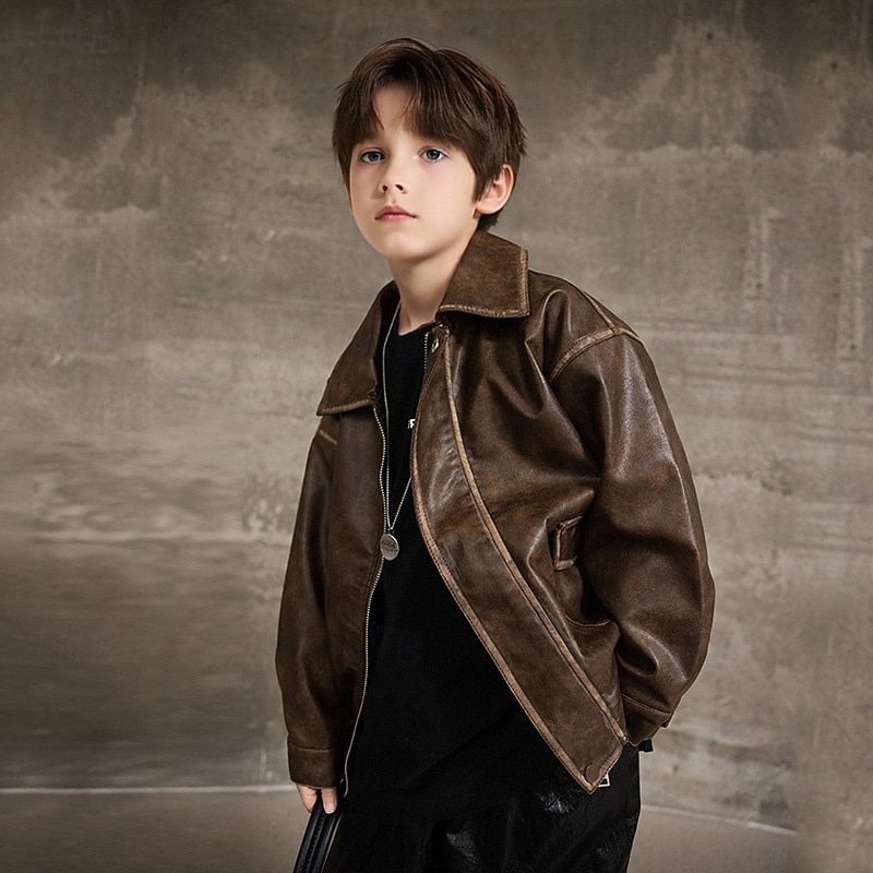 Детские Мальчики Черная кожаная куртка Жакет Верхняя одежда Полотняное плетение Длинный рукав Застегнуться ЗАЩИТА ОТ ВЛАГИ Защита от ветра Пальто Повседневные Мода На каждый день Черный Коричневый 2026 - $46.99 –P4