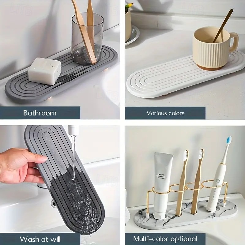 Bandeja de piedra absorbente para encimeras de cocina y baño: escurridor de fregadero de secado rápido con patas de madera, superficie de lufa natural, organizador de desagüe multiusos, artículo 2026 - $21.99 –P3