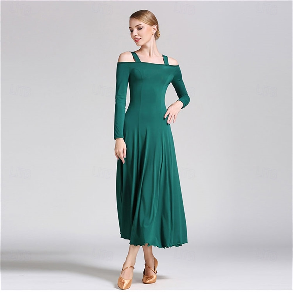 Elegant Green Ballroom Dance Dress with Long Sleeves and Off-Shoulder Design for Latin & Social Dancing 2026 - $70.99 –P2