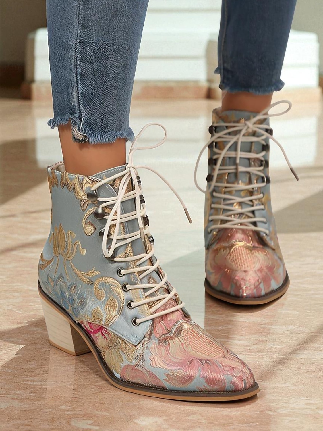 Women's Purple Jacquard Lace-Up Ankle Boots with Floral Embroidery and Low Block Heel - Baroque Vintage Style Boots for Ladies, Perfect for Festivals, Gatsby Parties 2026 - $54.99 –P4