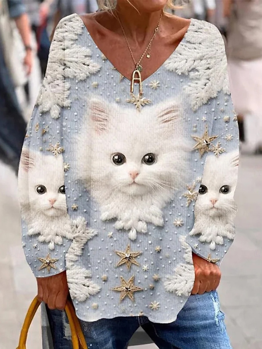 Γυναικεία Μπλουζάκι Στάμπα Γραφική Ζώο Γάτα Κομψό Βίντατζ Μοντέρνα Μακρυμάνικο Λαιμόκοψη V Κανονικά μπλουζάκια Καθημερινά Σαββατοκύριακο Θαλασσί Ανθισμένο Ροζ Βυσσινί Άνοιξη Φθινόπωρο 2026 - $32.99 –P1