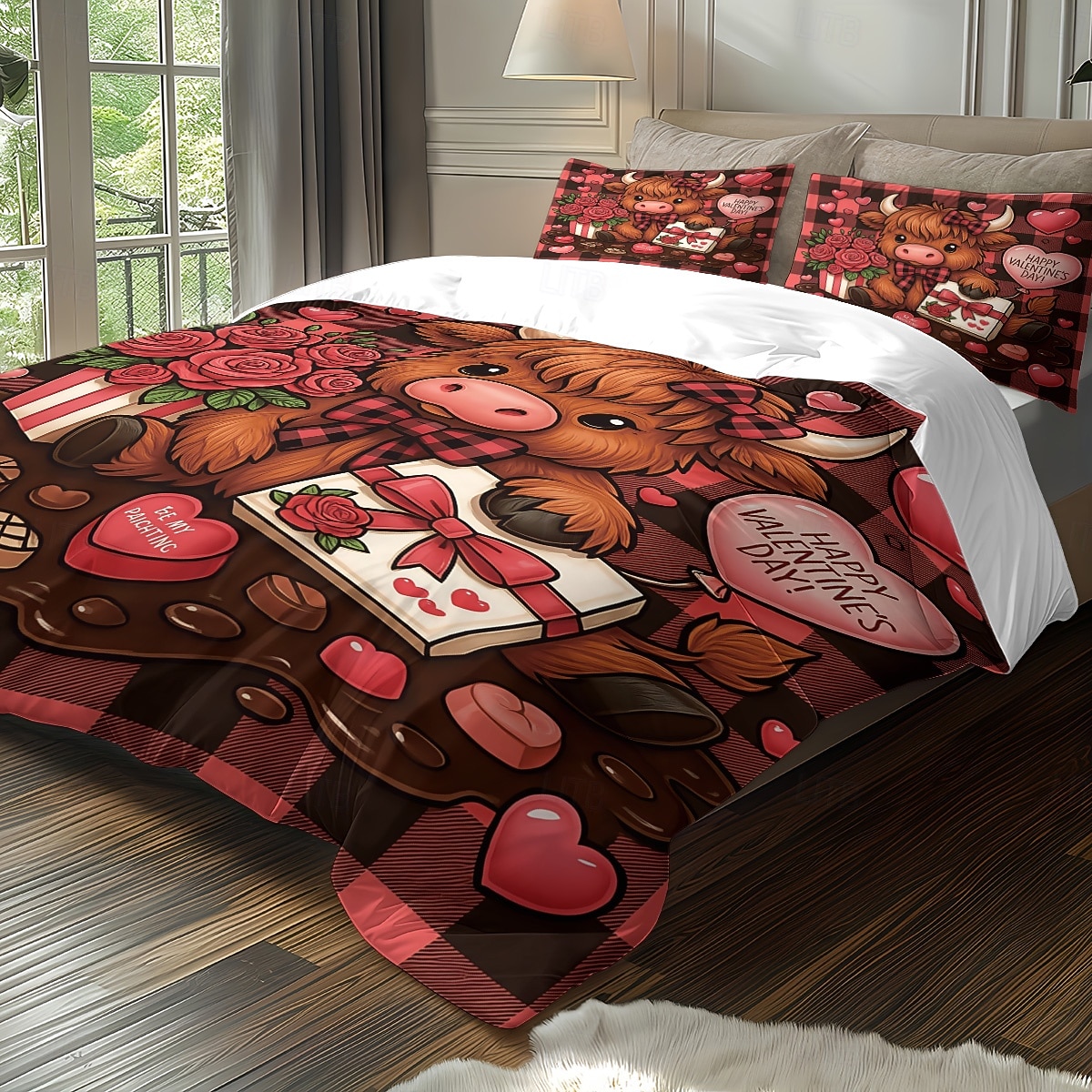 Conjunto de capa de edredom de 3 peças com estampa de vaca das terras altas e flores fofas para cama grande, capa de edredom curta e macia com 2 fronhas – roupa de cama para quarto de hotel, de 2025 por $33.99 –P7