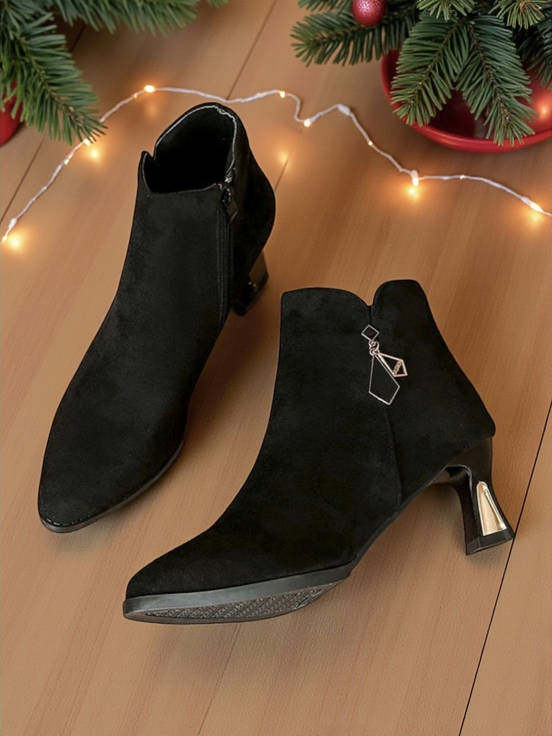Botines de ante rojo para mujer con cremallera y tacón metálico: elegantes y con estilo, perfectos para Navidad, fiestas y uso diario. 2025 - $34.99 –P3