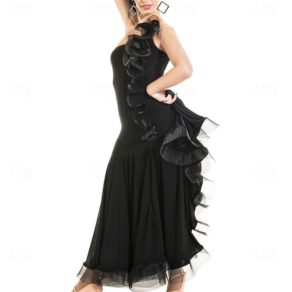 Women's Ballroom Dance Dress One Shoulder Ruffle Latin Tango Waltz Competition Performance Gown Elegant Flowing Skirt – Black 2026 - $191.99 –P4