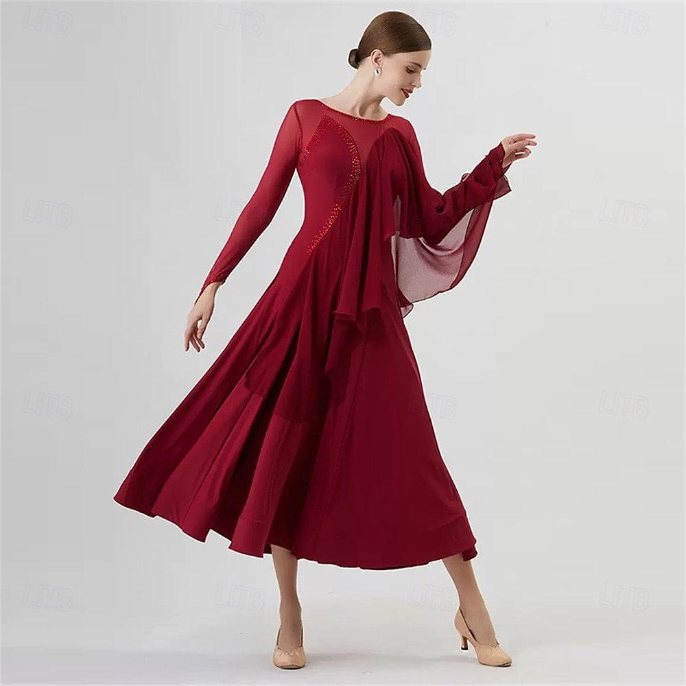 abito da ballo da sala da donna in chiffon drappeggiato, manica lunga, elegante abito da competizione per valzer, tango, foxtrot – rosso vino del 2026 a $236.09 –P3