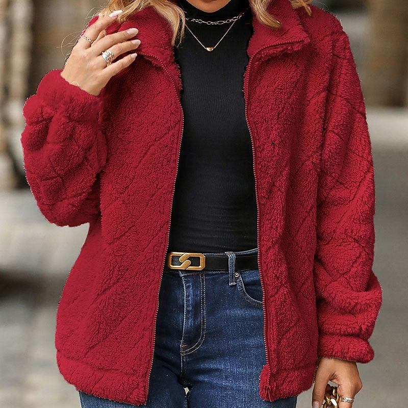 Dámské Zimní kabát Teddy Coat Zahřívací Pohodlné Zip Kapsy Na běžné nošení Pevná barva Vánoce Dovolená ulice Ležérní Standardní Přehnutý Běžný Dlouhý rukáv Svrchní oděvy Černá Rubínově červená Khaki 2025 - $35.99 –P4