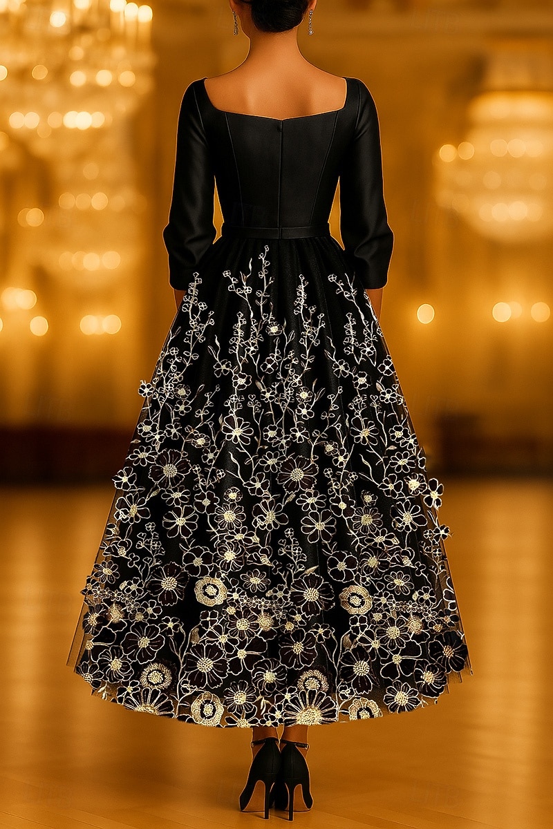 A-Line Tea Length Cocktail Dresses Party Dresses Elegant 3/4 Length Sleeve V Neck Garden Party Wedding Taffeta with Bow(s) Appliques 2026 - $195.99 –P3