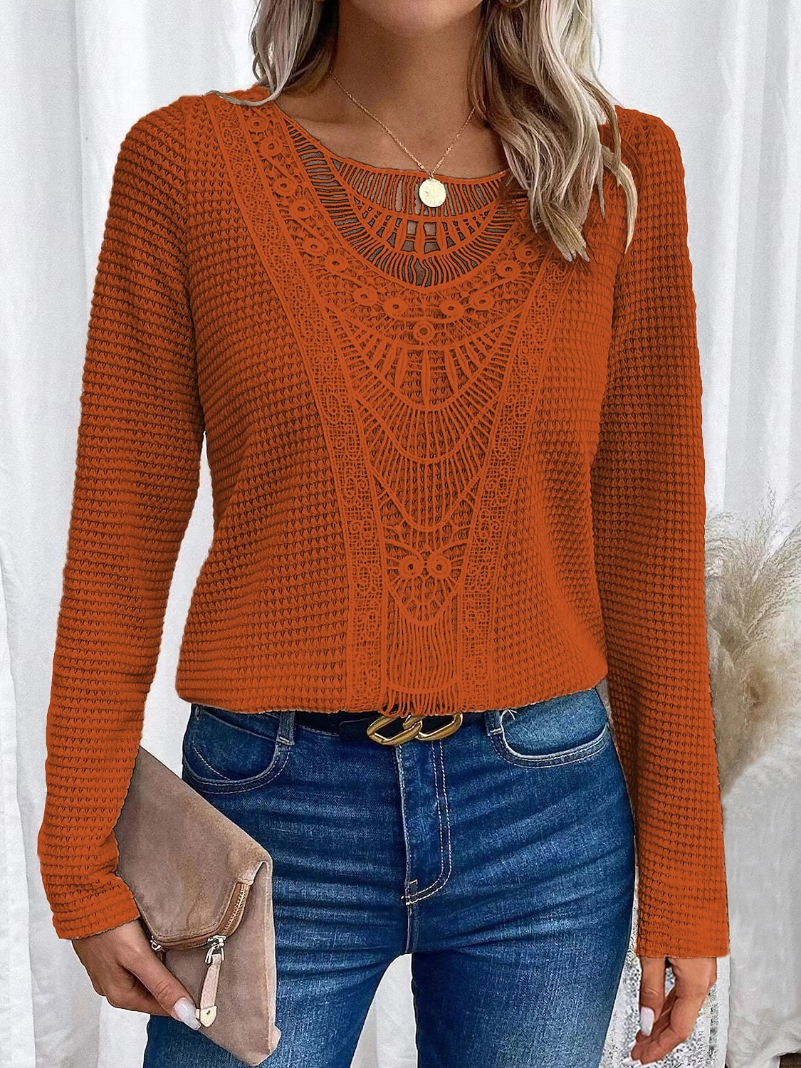 Damskie Koszula Jednokolorowe Elegancja Bohema Zabytkowe Długi rękaw Półgolf Zwykłe topy Praca Codzienny Koronka Haft Koronka iluzjonistyczna Brudny róż Niebieski Pomarańczowy Beżowy Wiosna Jesie 2025 - $24.99 –P13