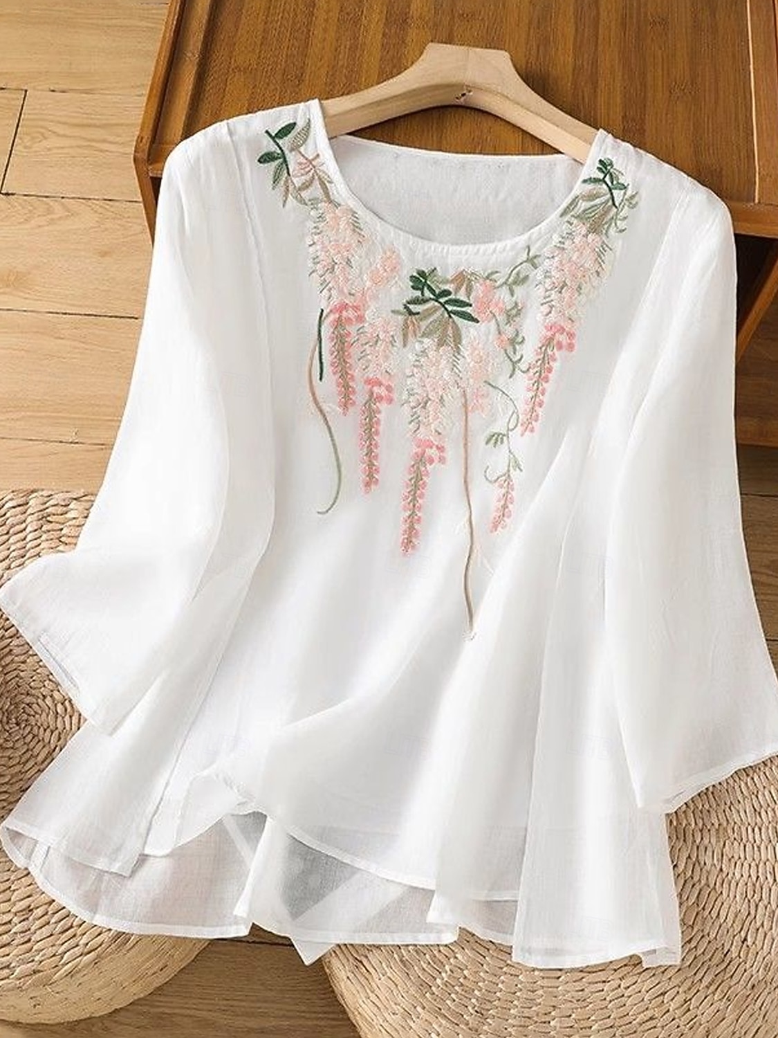 Mujer Tallas pequeñas Camisa Bordado Plano Bohemia Estilo lindo Elegante Media Manga Manga Farol Escote Redondo Tops regulares Diario Noche Fin de semana Blanco Verde Claro Rosa Verano 2026 - $22.99 –P1