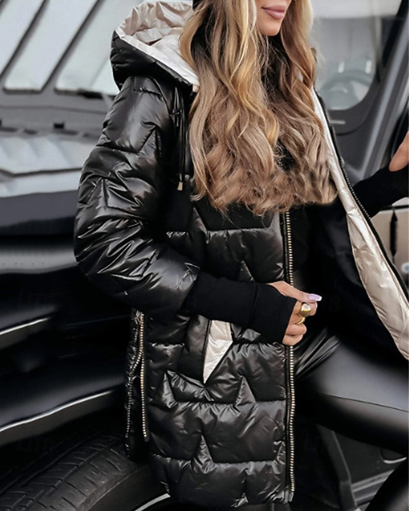 Women's Down Jacket Puffer Jacket Quilted Jacket Warm Comfortable Zipper Pocket Fashion Casual Plain Street Daily Wear Going out Zipper Regular Hooded Regular Fit Long Sleeve Outerwear Black 2026 - $31.99 –P3