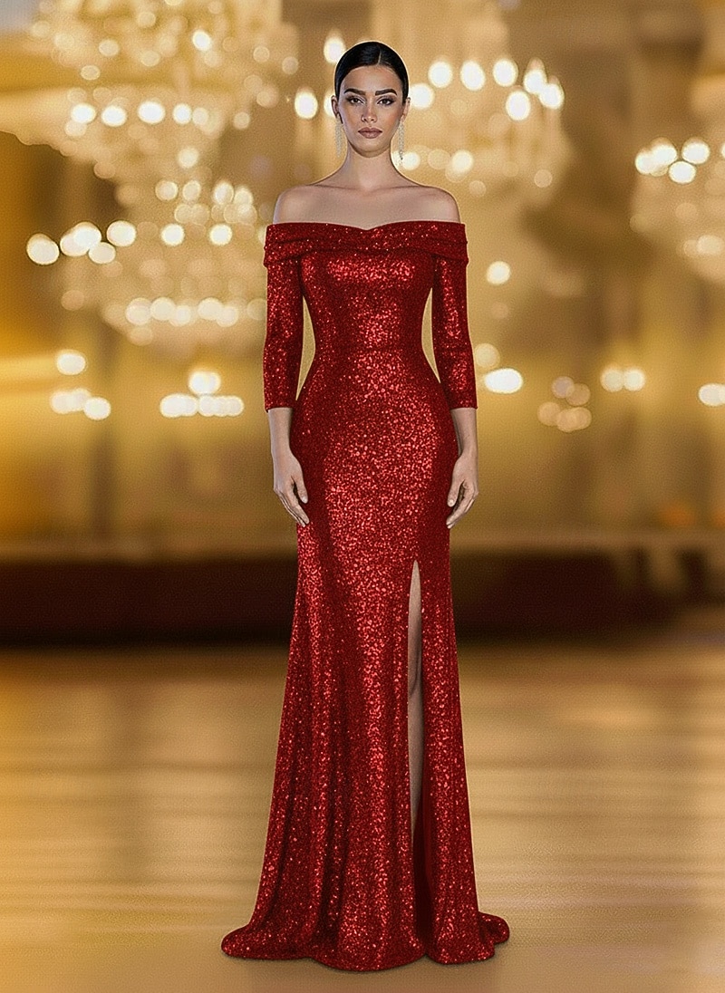 Mermaid / Trumpet Floor Length Prom Dresses Evening Gown Ball Gown Formal Dress Elegant Vintage 3/4 Length Sleeve Off Shoulder Formal Wedding Sequined with Ruched Sequin Slit 2025 - $154.99 –P1