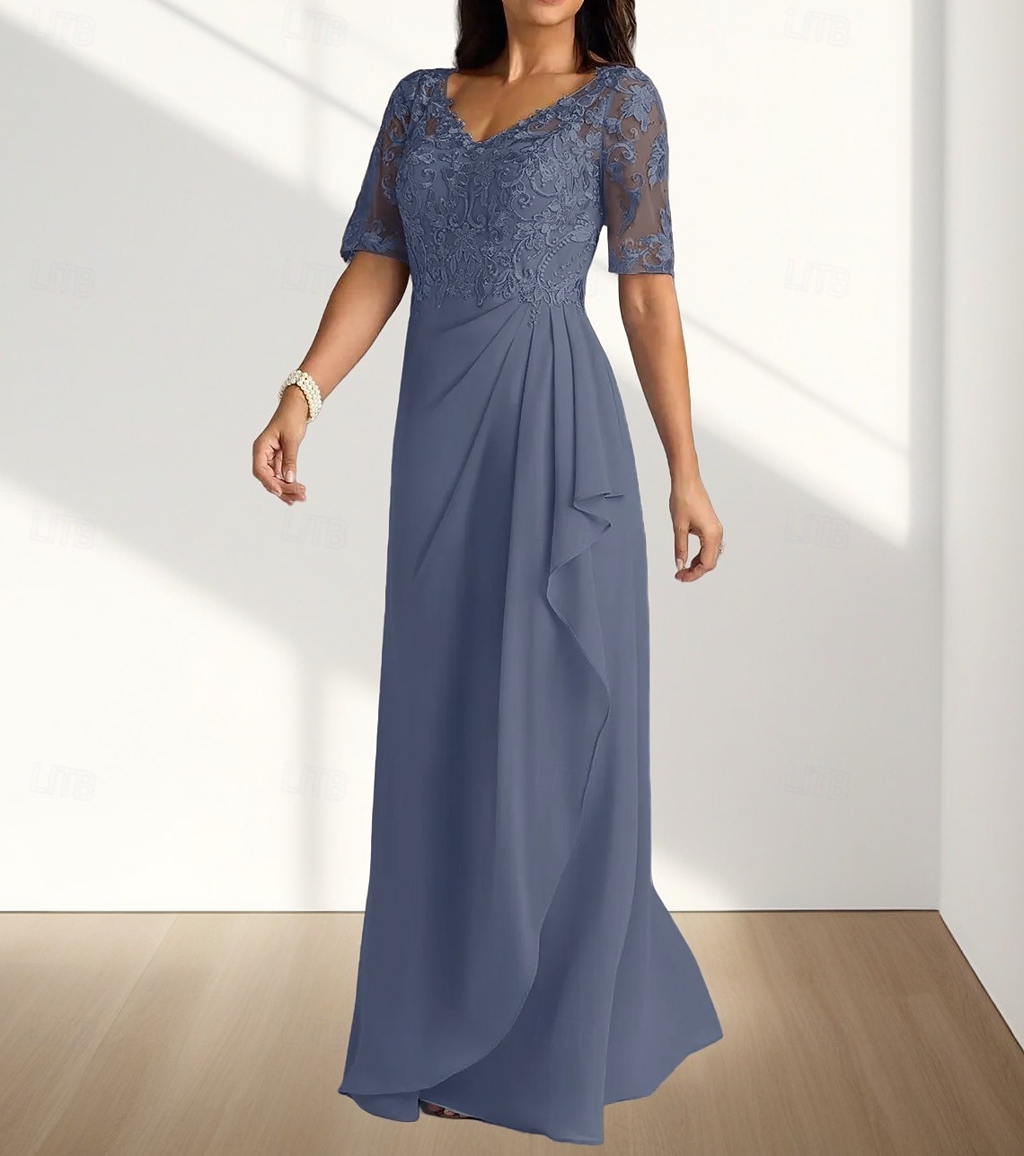 А-силуэт В пол Свадебное платье для гостей Вечернее платье Платье для матери невесты Рукав до локтя V-образный вырез Элегантный стиль Свадебный гость Помолвка Шифон с Плиссировка Аппликации 2026 - $188.99 –P4