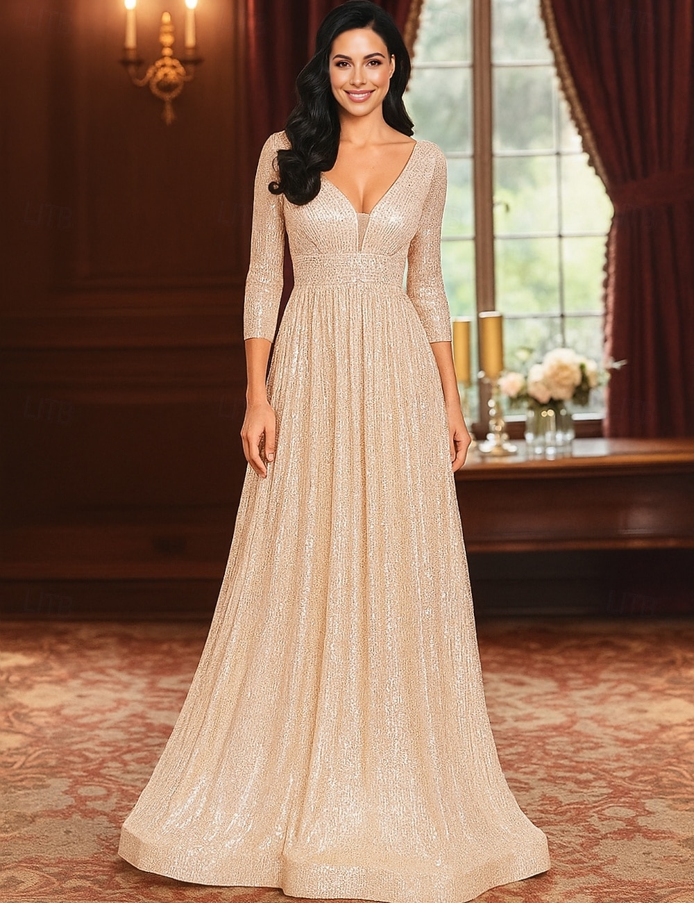 2026年 Ａライン フロア丈 ウェディングゲストドレス フォーマルドレス イブニングガウン マダムドS 七分袖 Ｖネック エレガント パーティー 豪華 祝日 カクテルパーティー フォーマルイブニング チュール 〜と プリーツ スパンコール  コレクション – $98.99 –P1