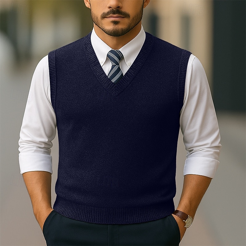 Men's Sweater Sweater Vest Pullover Sweater Jumper Ribbed Knit Regular Tops Knitted Slim Fit Plain V Neck Knitwear Contemporary Casual Business Clothing Apparel Spring Fall Wine Navy Blue M L XL 2026 - $26.99 –P5