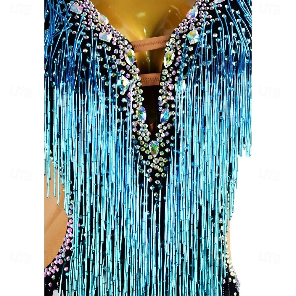 Robe de danse latine pour femme, bleu glacier, noir, franges, strass, manches longues, costume de performance pour compétition de cha cha rumba samba de 2025 ? $316.99 –P5