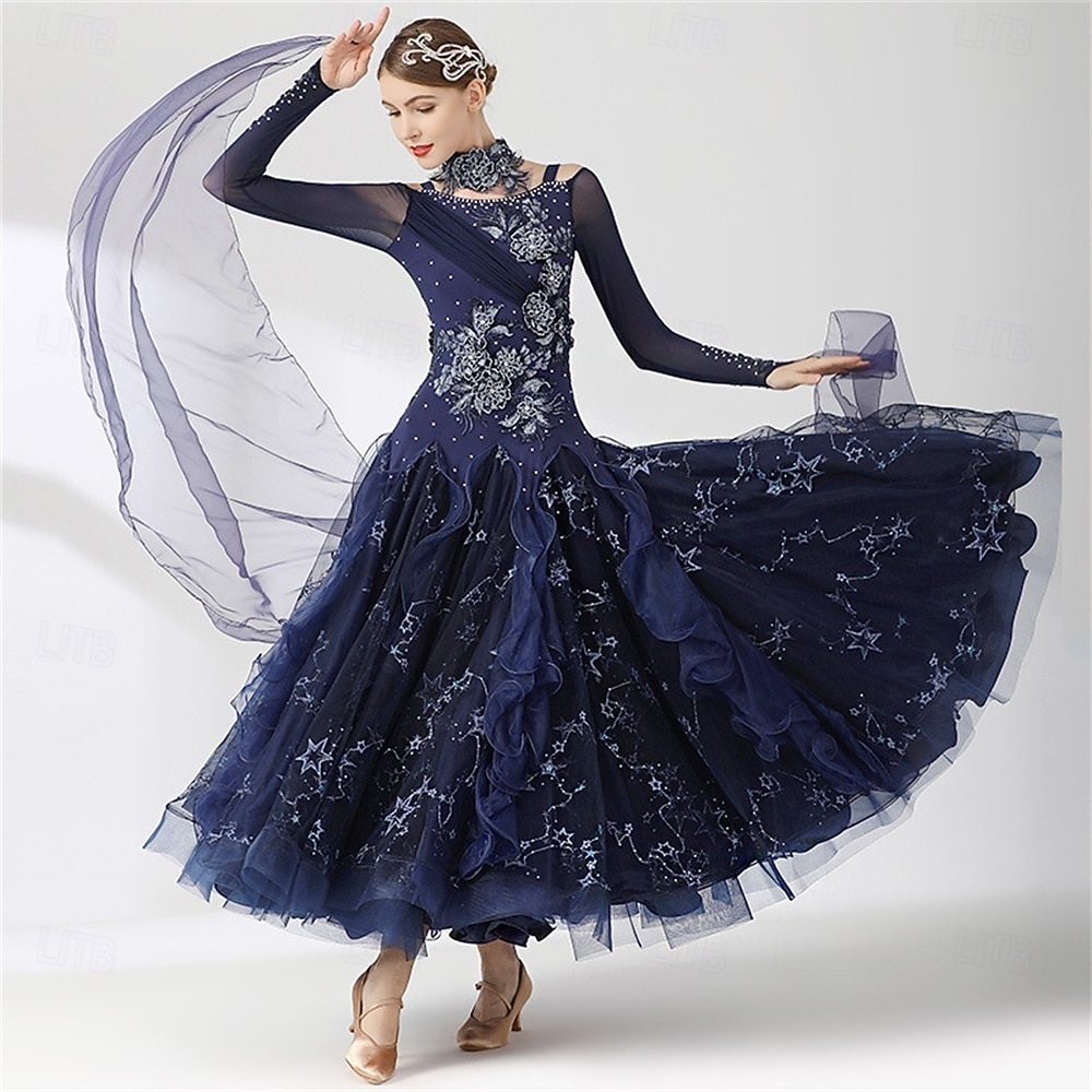 Dámské šaty na společenský tanec s kamínky, hvězdnou výšivkou, vrstvená organza, elegantní, na valčík, tango, foxtrot – tmavě modré 2026 - $404.49 –P2