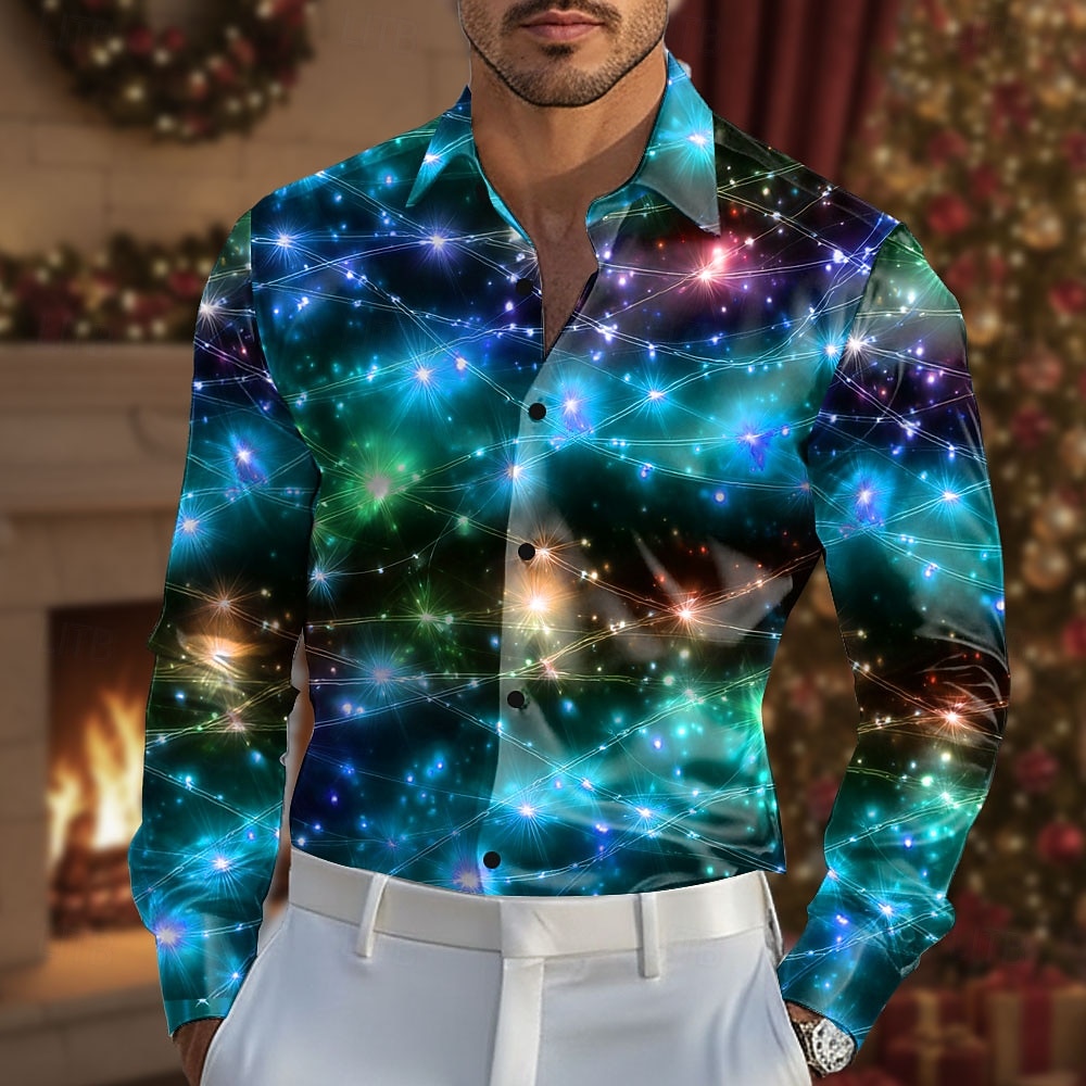Weihnachten Herren Funkelnder Glitzer Weihnachtslicht Hemd Satinhemd Kleidhemd Langarm Modisch lässig Outdoor Party Ferien Frühling Herbst Umlegekragen 3D-Druck Hemden mit Knopfleiste Rote Blau 2026 - $29.99 –P4
