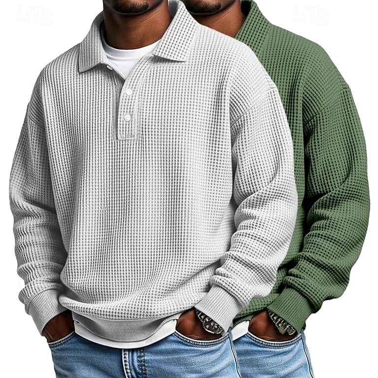 2 stuks heren wafel poloshirts golf shirt formeel zakelijk klassiek lange mouwen mode effen kleur 2 stuks multi-pack herfst lente &herfst regular fit wit paars blauw wafel poloshirts 2025 - $40.99 –P4